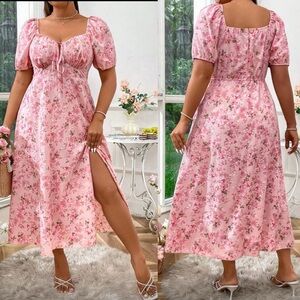 SHEINCurve Pink Floral Puff Sleeve Maxi Milkmaid Dress